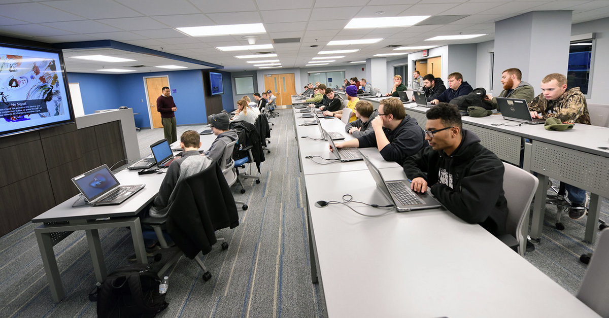 A cybersecurity classroom with computer equipment