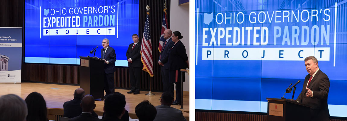 Ohio Gov. Mike DeWine and Akron Law Dean C.J. Peters speak at the introduction of the Ohio Governor's Expedited Pardon Project in Columbus