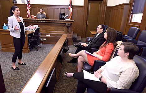Student lawyers at Akron Law argue cases in a mock courtroom