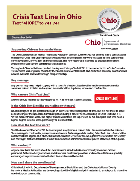 Suicide prevention and crisis fact sheet by the state of Ohio.
