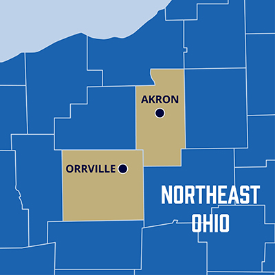 Map showing University of Akron sites in Medina, Lakewood, Orrville and elsewhere