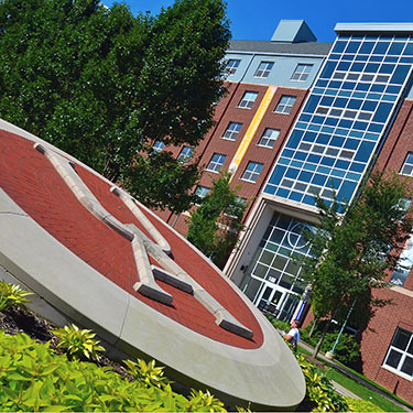 A decorative UA symbol near the center of campus