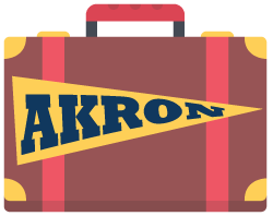 A suitcase with an Akron pennant next to Ohio college tuition information