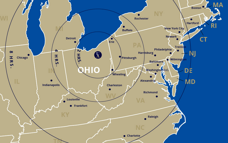 Map showing the driving directions to Akron from major cities in the eastern United States