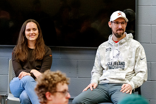 Two Cleveland Browns staff presenting to students at UA.