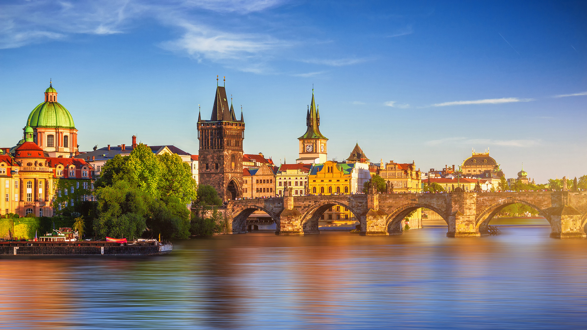 Prague river and bridge skyline