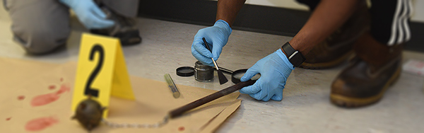 UA student dusting for fingerprints in a mock crime scene.