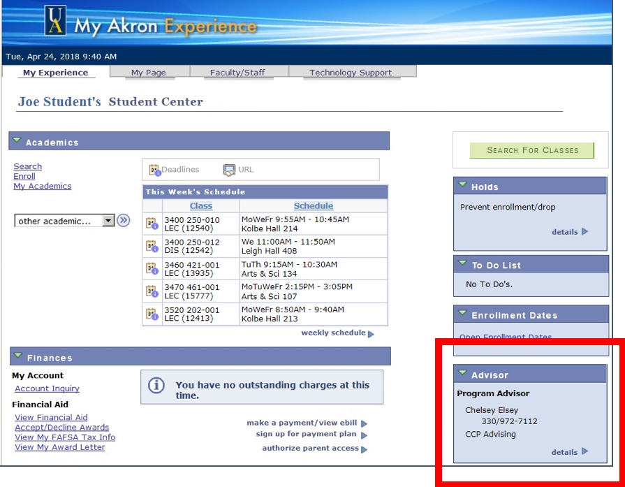 Example of where to find your academic advisor information in My Akron student portel