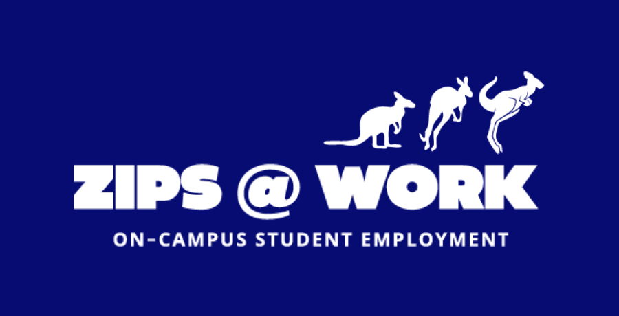 Zips@Work Logo with 3 kangaroos leaping and the words Zips@Work On-campus student employment