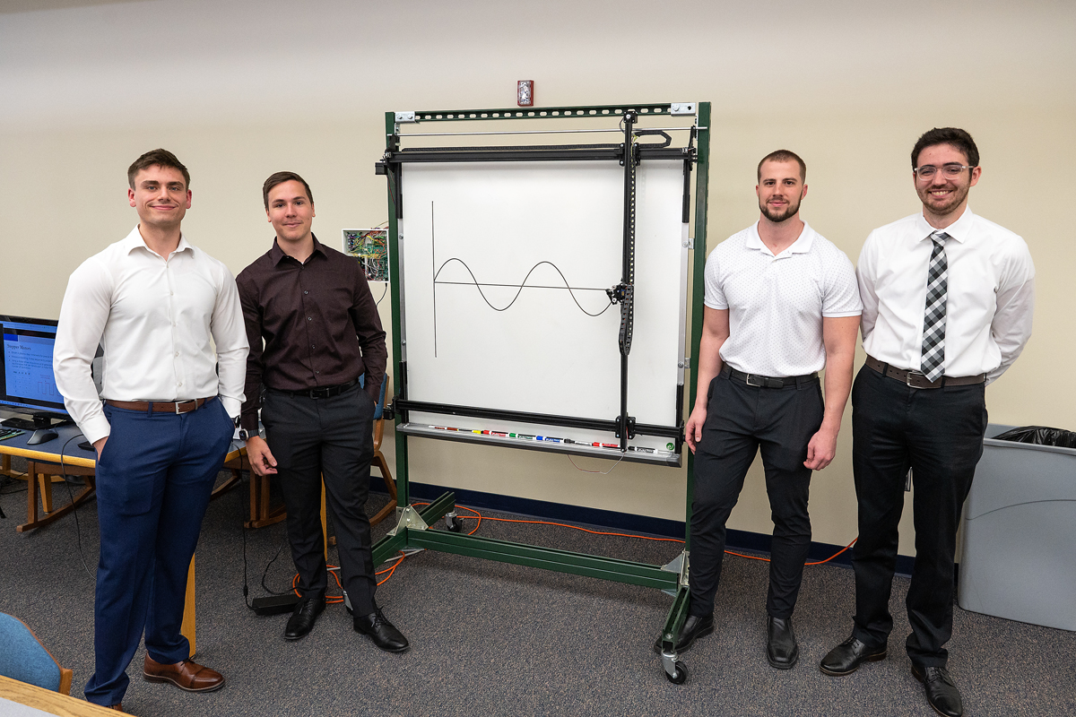 First Place: Whiteboard. The team created a whiteboard attachment that can automatically draw a variety of comonly used assets, such as rectangles, triangles, circles, sinusoids and words.