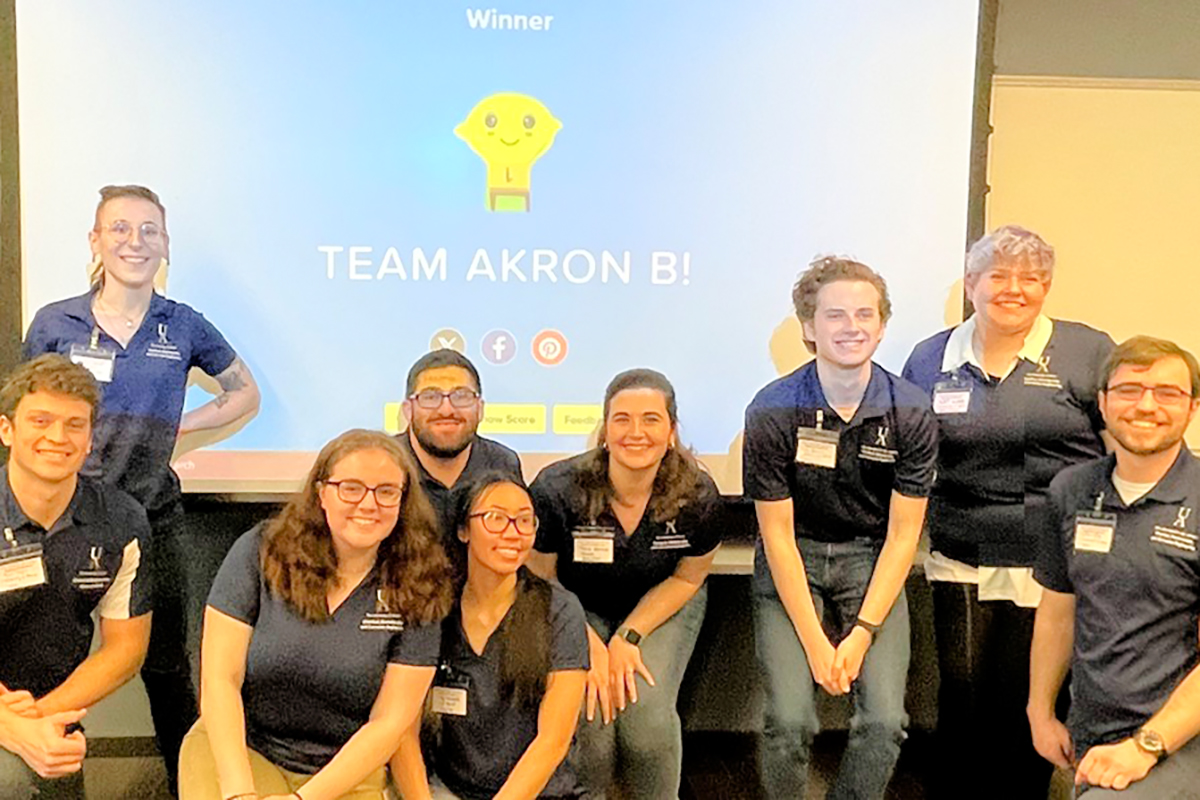 Pictured left to right are UAkron ChemE Jeopardy team members Ryan Stapin, Gemini Ramlo, Kamryn Culp, Johnathan Bettes, Lily Clemente, Delia Weitzel, Cody Robinson, Kat Kunz and Nathan Kling.