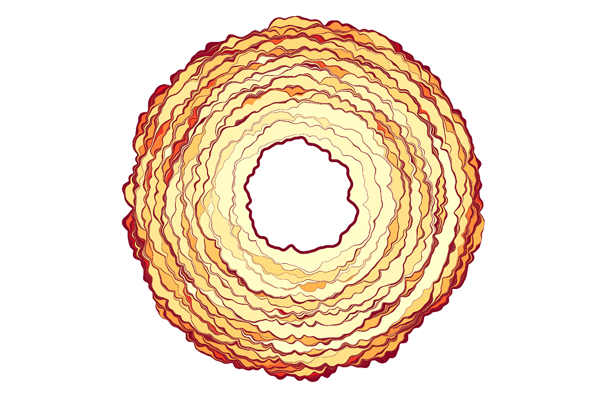 The simulation shows the contact area of a soft solid that is separated from a rough surface. Each coloured spot corresponds to an instability of the contact. The different colour intensity shows how much energy is lost in the process. Source: Antoine Sanner, Lars Pastewka.