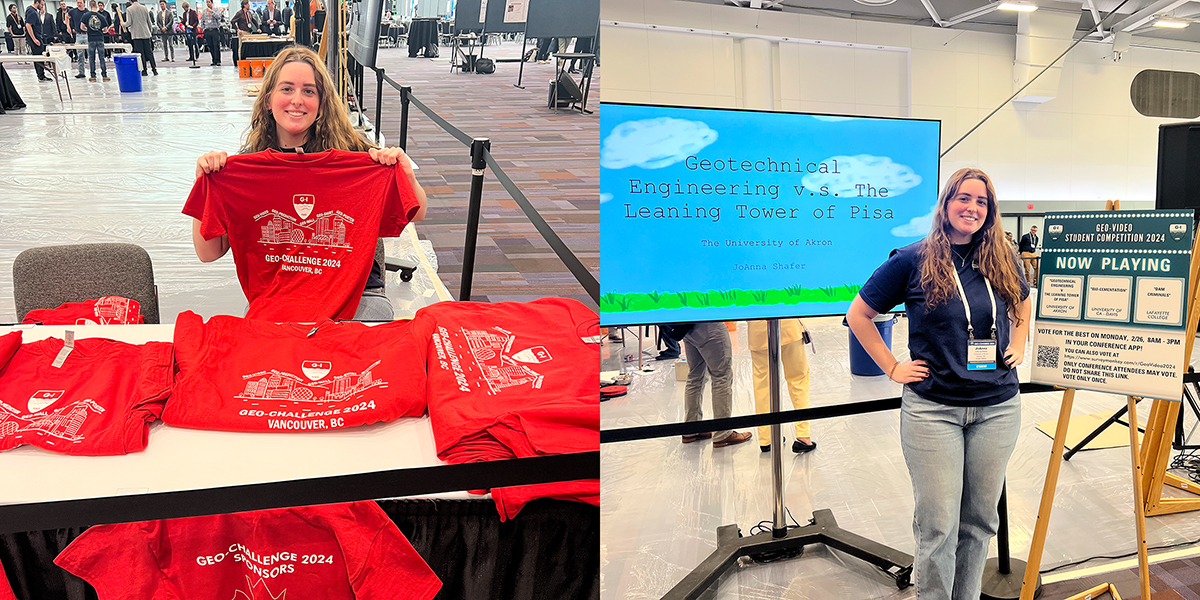 Pictured left, JoAnna Shafer holding up her winning Geo-Shirt design, and pictured right, Shafer presenting her Geo-Video submission.