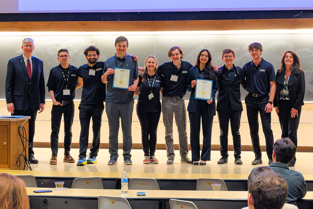 From left to right: Akronauts Rocket Design Team students Jackson Godsey, Matthew DiPofi, Joshua Slivka, Nicole Zimmerli, Seth Arkwright, Ana Clecia Alves Almeida, Jonathan Armbrust and Reece Davis place 1st and 2nd in the Undergraduate Team category.