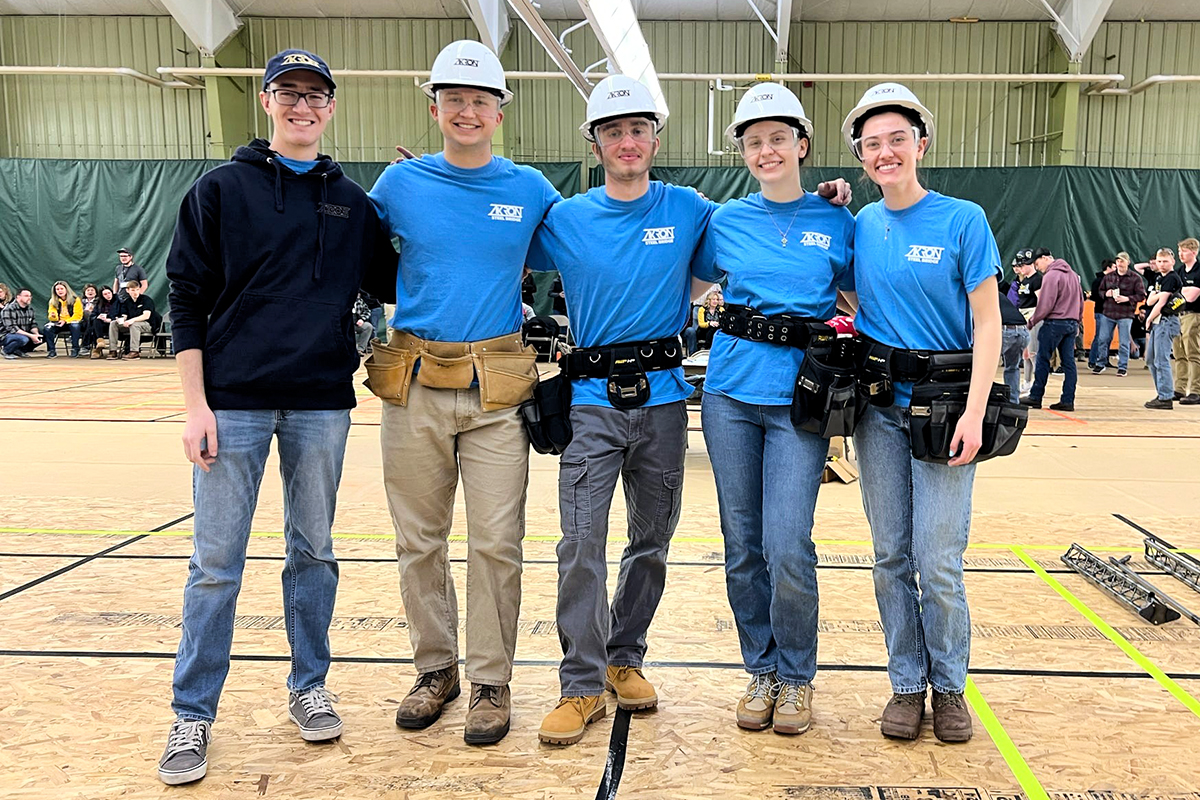 Some members of UA’s Steel Bridge Team, from left, Ryan Bailey, Ben Komar, Jackson Dengg, Audrey Francis and Amelia Roch (captain), worked together to design, fabricate and assemble a full bridge in under two weeks for the ASCE regional competition.