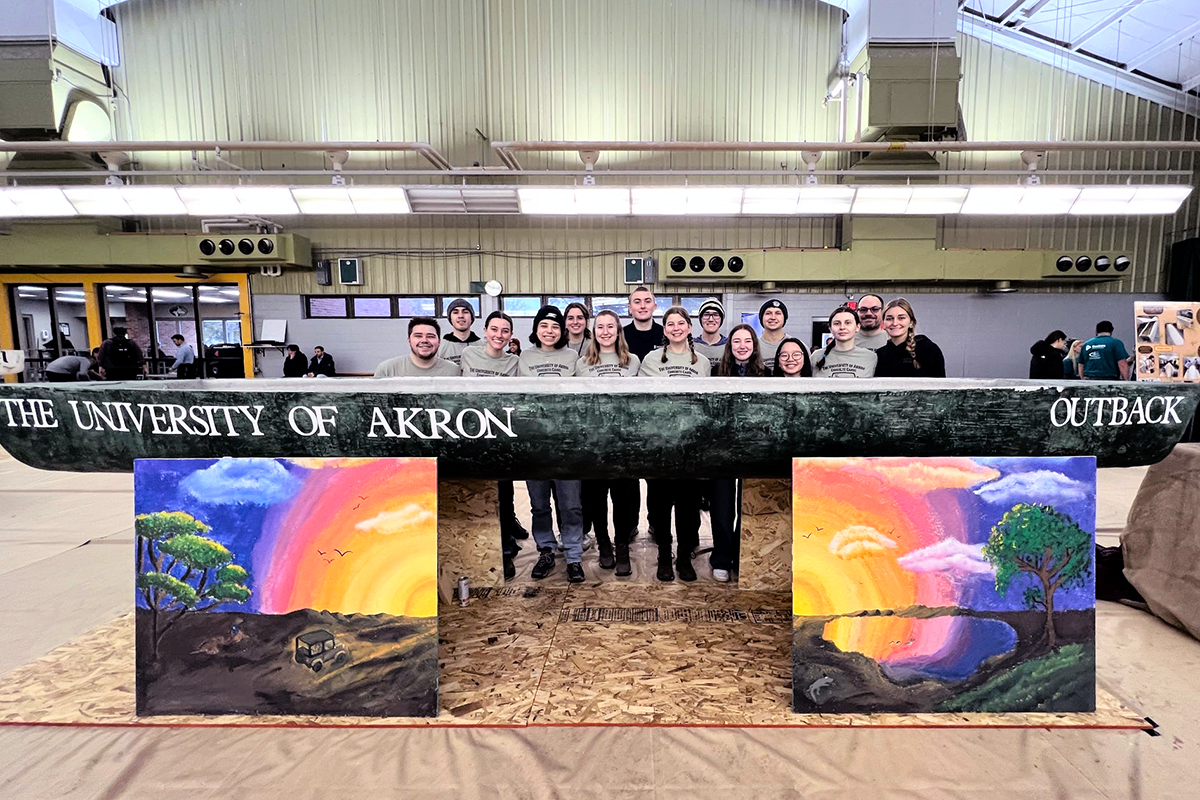 Members of UA’s Concrete Canoe team, from left, Dante Anderson, Quinn Hall, Amelia Roch, Shawne-Marinn Murphy (captain), JoAnna Shafer, Jasmine Vamosi (captain), Ben Noirot, Caroline Sabo, Ryan Bailey, Megan McCracken, Ben Komar, Maddie Richards, Audrey Francis, Dr. David Roke (faculty advisor) and Lauren Larue earned a third place finish at the ASCE regional competition.