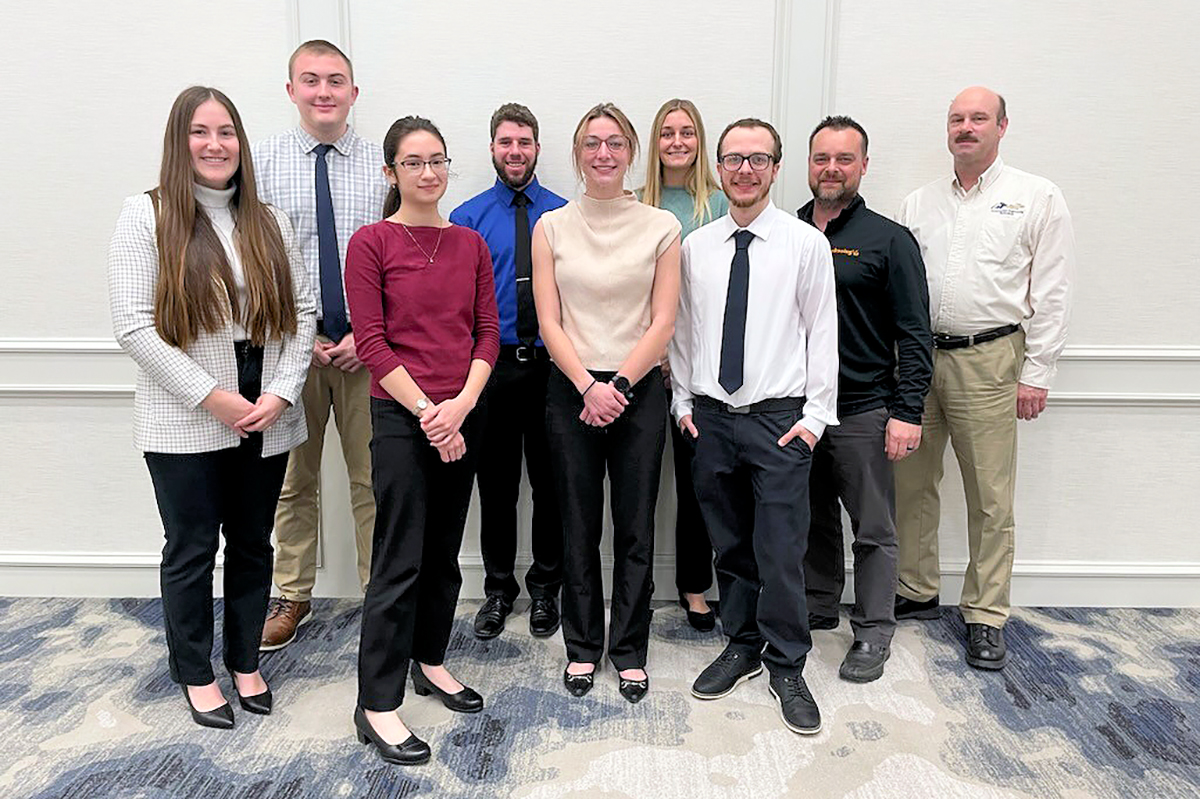 From left to right are industry advisor Kendall Kubus, civil engineering alumna; Ben Noirot, civil engineering; Mia Fedak, civil engineering; Adam Lang, construction engineering technology; Naomi Wertz, civil engineering; Lauren LaRue, civil engineering; Steven Wolfe, construction engineering technology; industry advisor Chuck Gillombardo, construction engineering technology and surveying alumnus; and faculty advisor Paul Rawlings, assistant professor of practice.