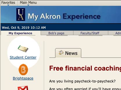 Screenshot showing where to locate the Student Center within My Akron