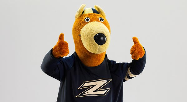 Zippy, the University of Akron mascot, giving the thumbs up