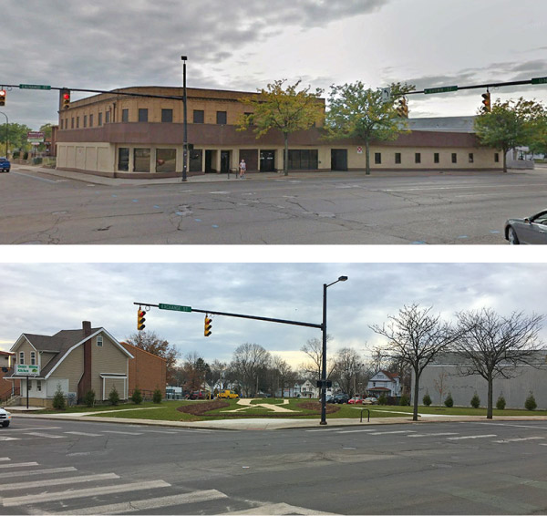 The southwest corner of Exchange and Brown streets before (top) and after the Plasma Center building was removed and replaced with green space.