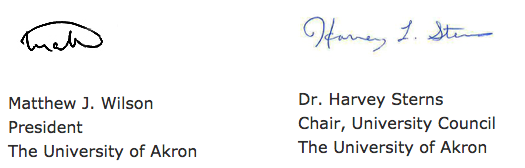 President Matthew J. Wilson's signature and Dr. Harvey Sterns' signature