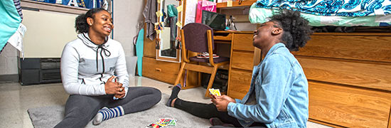 Two students living in a room at the University of Akron