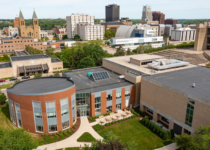 The School of Law (foreground) is located just a short walk from the courthouses and law firm offices in downtown Akron.