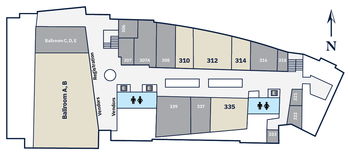 Map of the Student Union. The Ballroom is on the West end of the building. The rest of the rooms are in the Eastern wing.