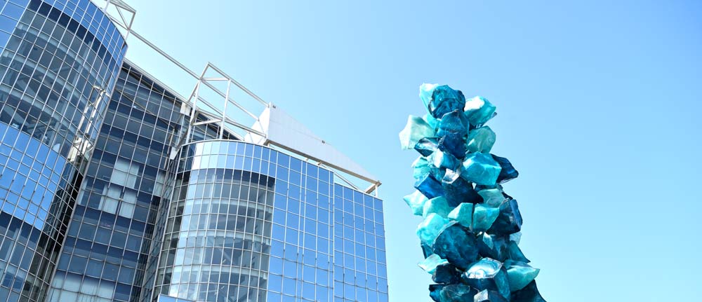 The Goodyear Polymer Building with a sculpture by Dale Chihuly.