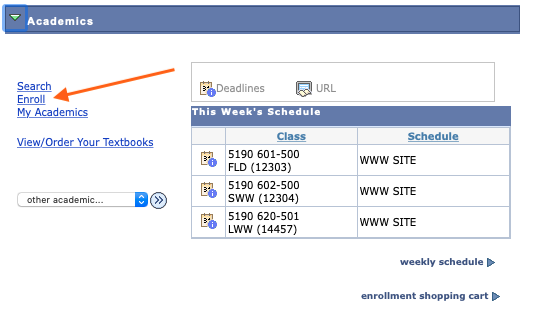 Screenshot of Academics section with arrow pointing to Enroll link.
