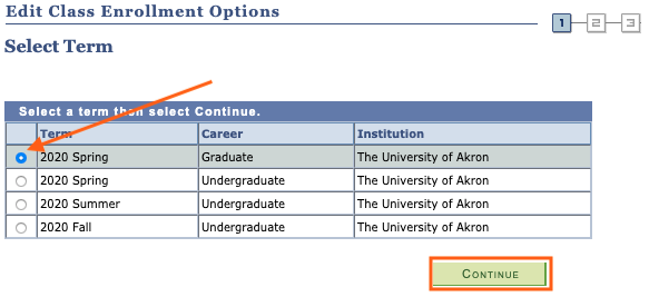 Screenshot of list of terms with 2020 Spring selected.