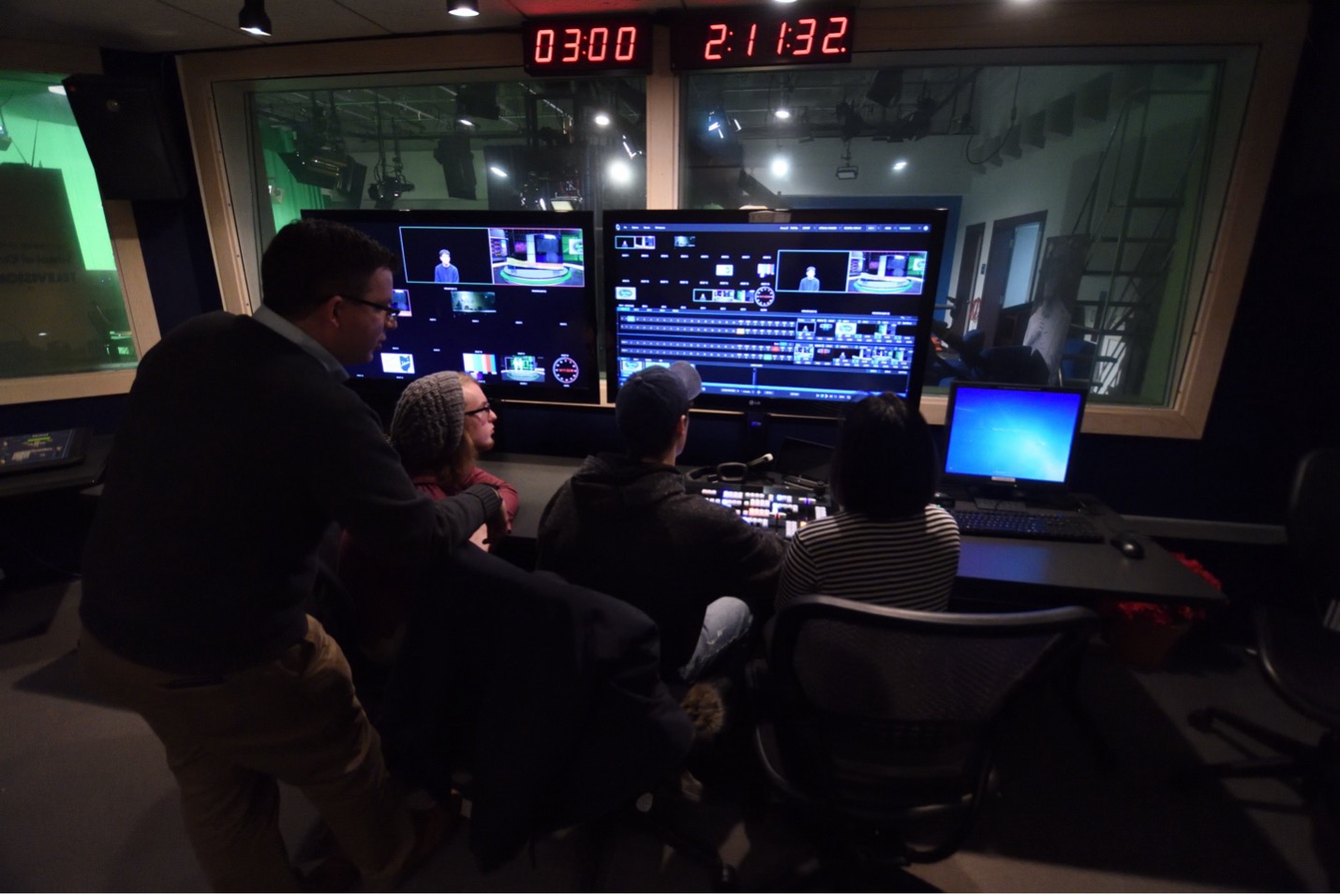 UA media studies collage of production and class photos, showing students getting hands-on experience.