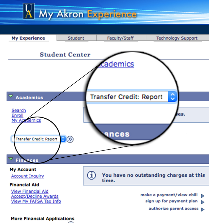 graphic depicting where to look for the transfer credit report