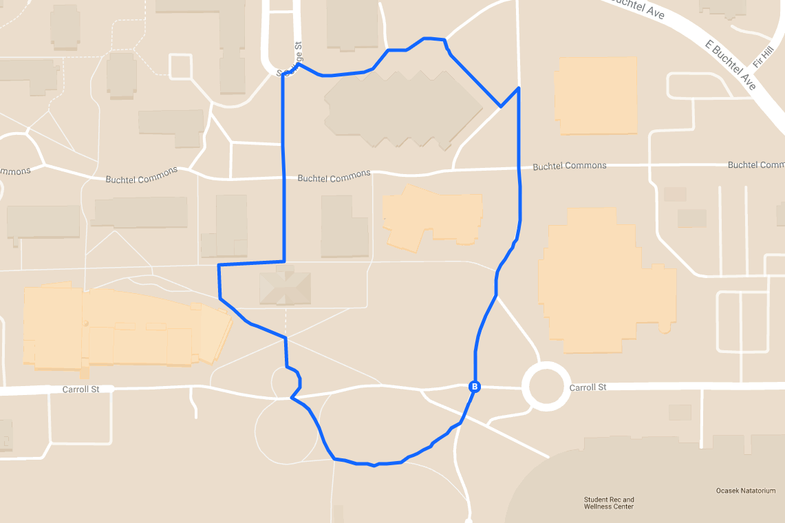 Half mile route around Buchtel Hall and Bierce Library